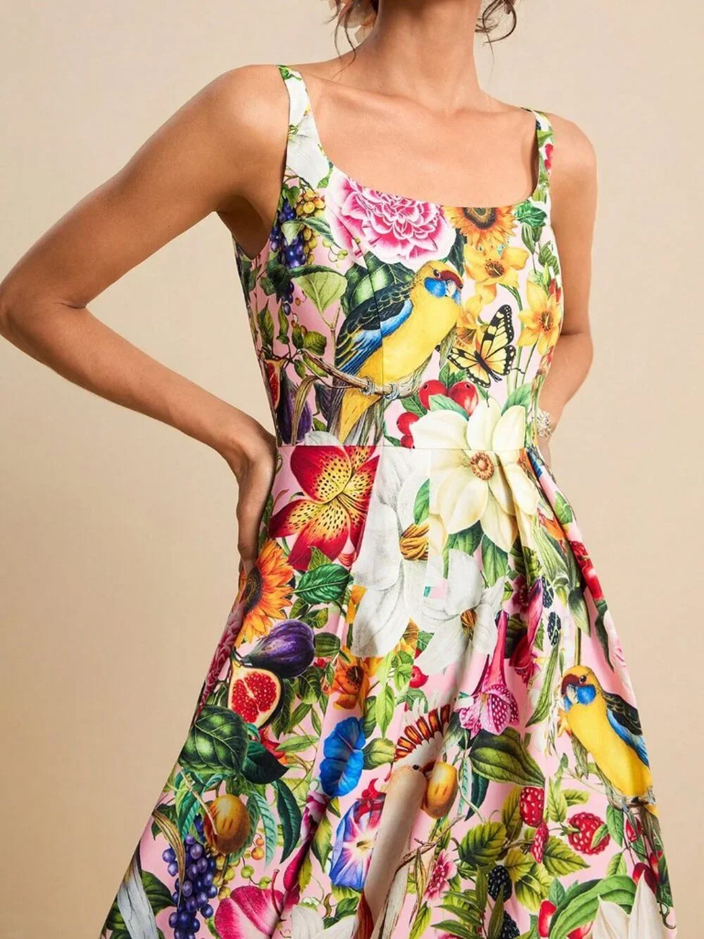 Pink Boho Women's U-Neck Spaghetti Strap Waist Flared Tropical Print Dress - Picture 4 of 8